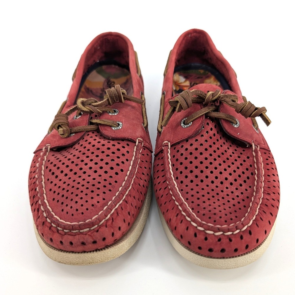 Sperry Top-Sider Boat Shoes Red Perforated Leather Nautical Preppy Loafers - Picture 3 of 6